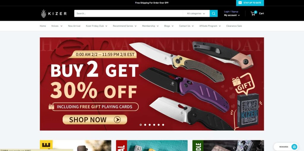 main page of kizer knives